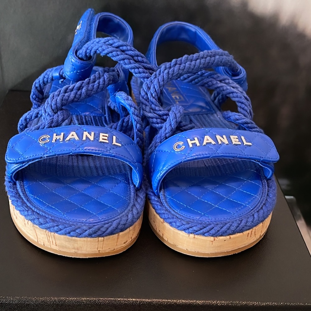 CHANEL
Cord Lambskin Quilted Logo Sandals